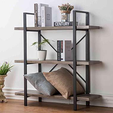 HSH 3-Shelf Bookcase, Rustic Bookshelf, Vintage Industrial Metal Display and Storage Tower, Dark Oak