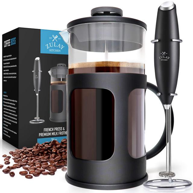 Zulay Premium French Press Coffee Pot and Milk Frother Set - (8 Cups, 34 oz) Coffee Press Glass Carafe with Powerful Double-Mesh Stainless Steel Filter System for Filtering Out Fine Coffee Grounds