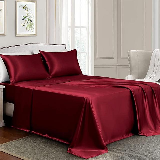 GOLAL Satin Sheets Queen Size - 4 Pieces Luxury Silky Soft Bed Sheets, Wrinkle-Free Burgundy Satin Silk Sheet Set with 1 Deep Pocket Fitted Sheet, 1 Flat Sheet, 2 Pillow Cases