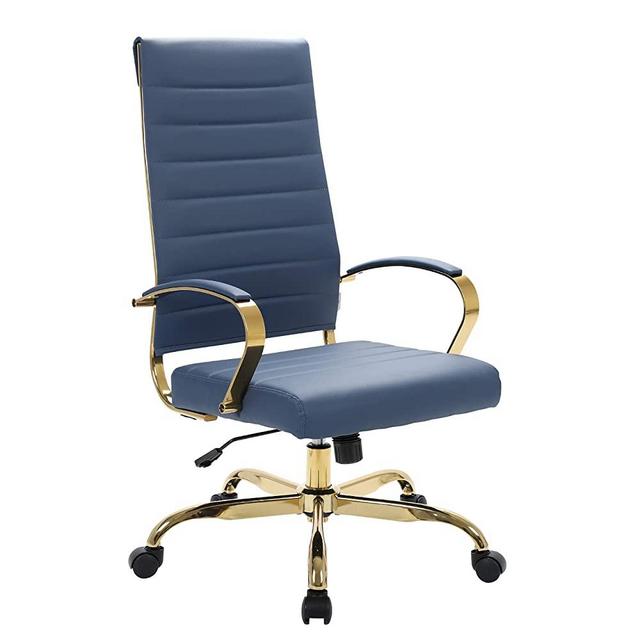 LeisureMod Benmar Modern High-Back Adjustable Swivel Leather Office Chair with Gold Frame (Navy Blue)