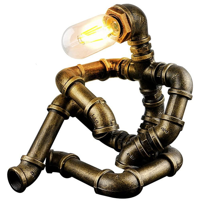 EFAYCRR Steampunk Table Lamp, Creative Robot Style Desk Lamp Vintage Industrial Water Pipe Light for Bedside Table Nightstand Bar Restaurant Café