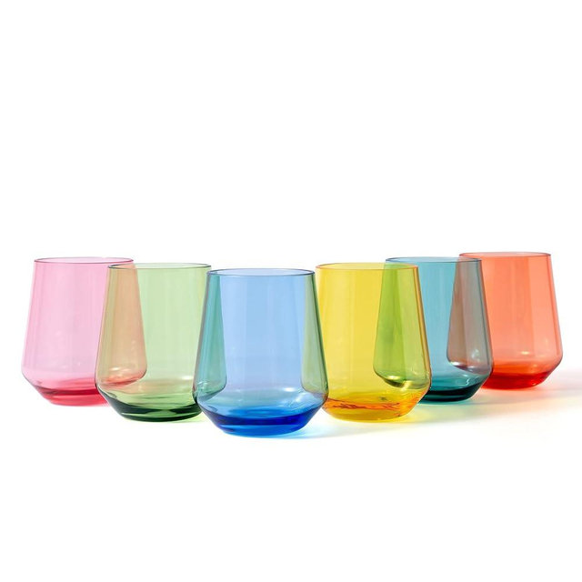 KX-WARE Unbreakable 16-ounce Acrylic Stemless Wine Glasses All Purpose Plastic Tumbler, set of 6 Multicolor Dishwasher Safe BPA Free Classic Style