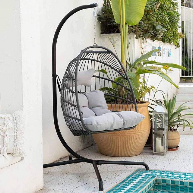 Swing Egg Chair with Stand Indoor Outdoor Wicker Rattan Patio Basket Hanging Chair with UV Resistant Cushions Aluminum Frame 350lbs Capaticy for Bedroom Balcony Patio (Gray)