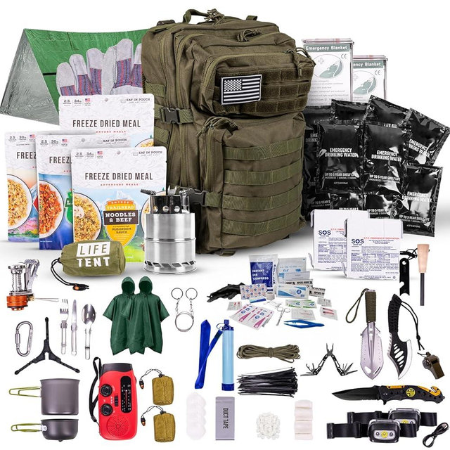 72-Hour Survival Kit | 45L Bug Out Bag | Survival Gear with First Aid, Water Filter, Food, Tools | Camping, Hiking, Outdoor Preparedness Equipment