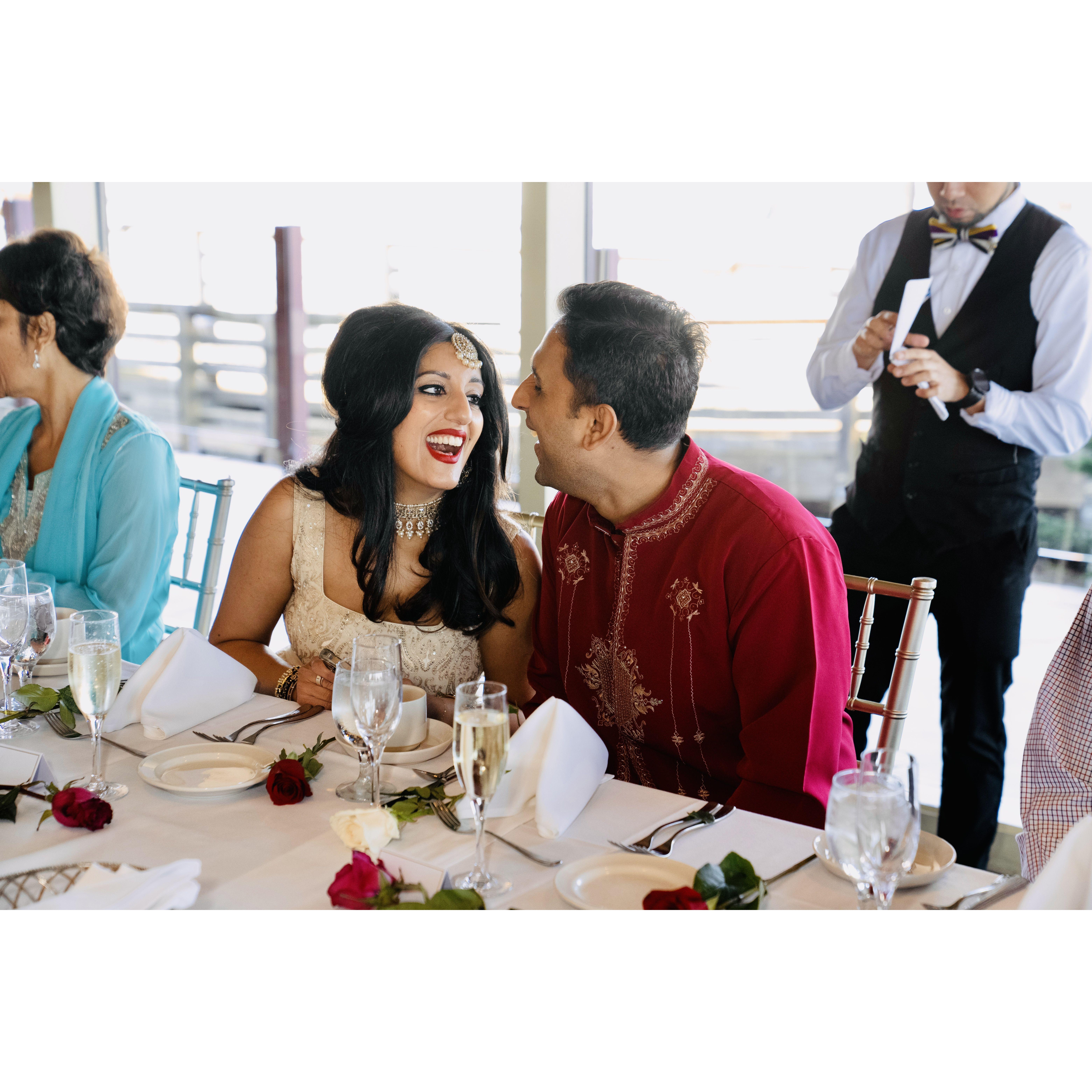 Enjoying a laugh at our engagement party on New Year's Day.