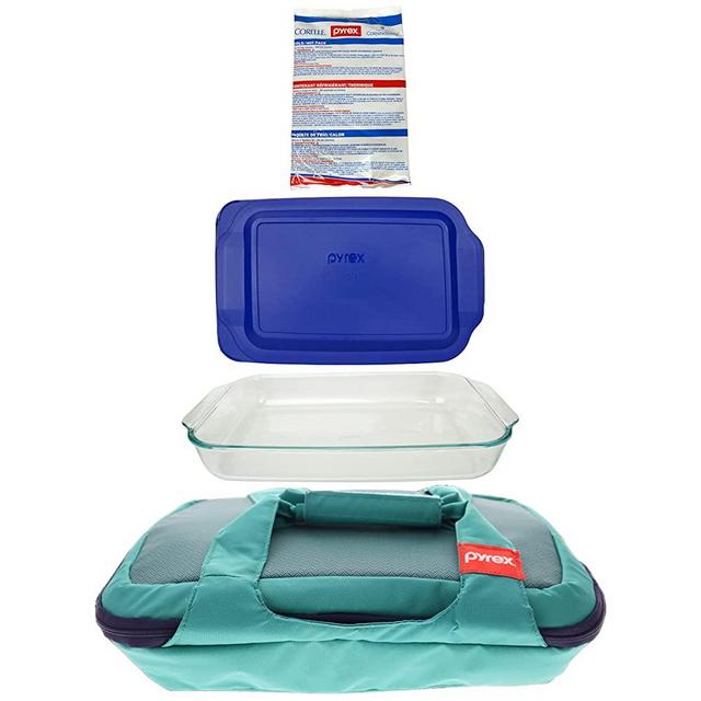 Pyrex 233-PC 3qt Lagoon Blue Green Lid, 233 3qt Glass Baking Dish, Large Cold/Hot Pack, & Portables Turquoise Oblong Carry Tote