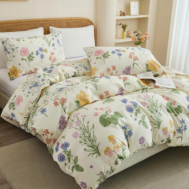 Cozaline 100% Cotton Duvet Cover Queen Size – Botanical Garden Print, Green Floral Duvet Cover Set with Zipper Closure, 3-Piece Soft Breathable Natural Cotton Bedding Set for All Seasons
