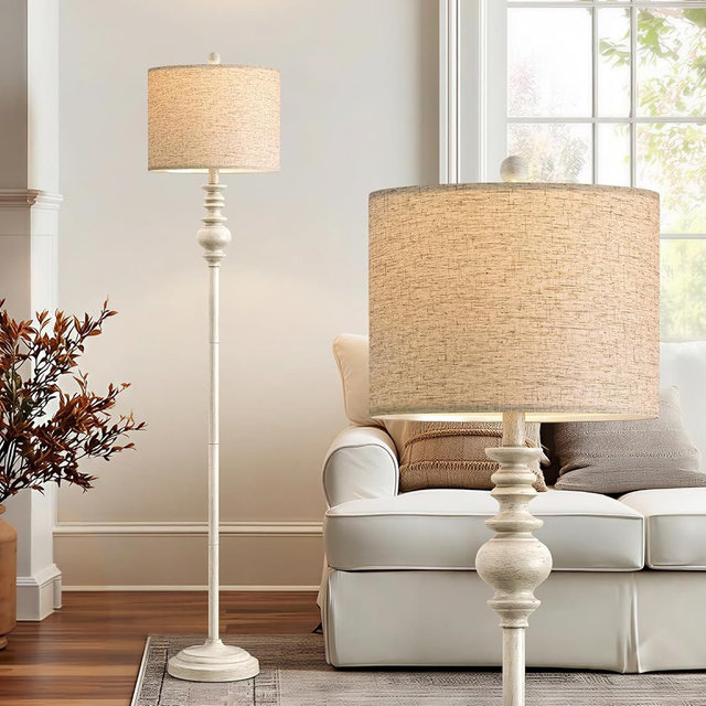 BOBOMOMO 64.25" Farmhouse Floor Lamp for Living Room, Tall Antique White Standing Lamp with Rotary Switch, Vintage Reading Lamp for Bedroom & Nursery, Rustic Home Decor Corner Lamp