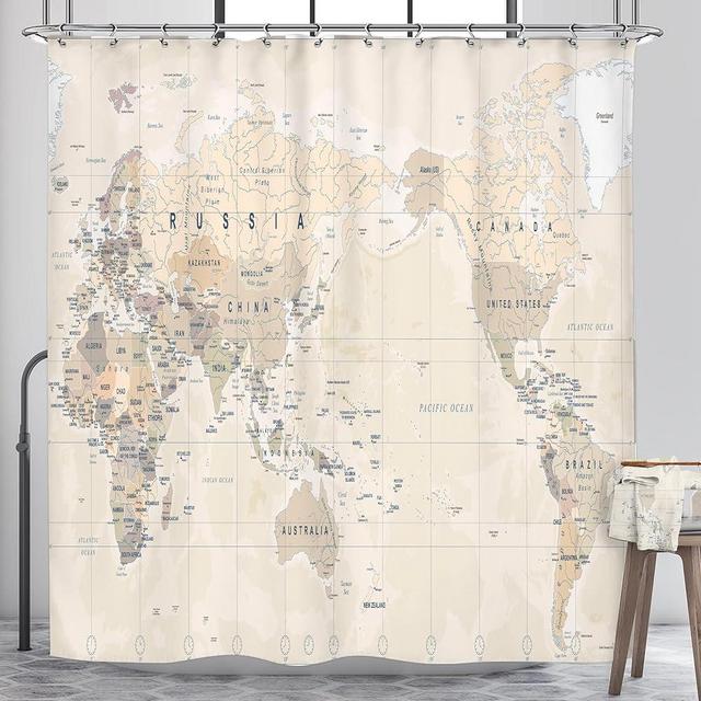 Riyidecor World Map Shower Curtain Travel Educational Vintage Geography Retro Countries Capital The Earth Decor Bathroom Fabric Set Polyester Waterproof Fabric 72Wx72H Inch 12 Pack Plastic Hooks