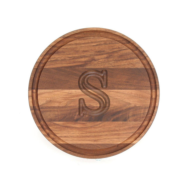 Cutting Board Company 10.5-Inch Round Wood Monogram Letter "S" Cheese Board in Walnut