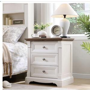 T4TREAM 24" Wide 3 Drawer Dressers, Farmhouse 26" Tall Bedside Side Table with 3 Drawers, Wooden Side Table with Roman Column, End Table for Bedroom, Living Room, Hallway, Antique White