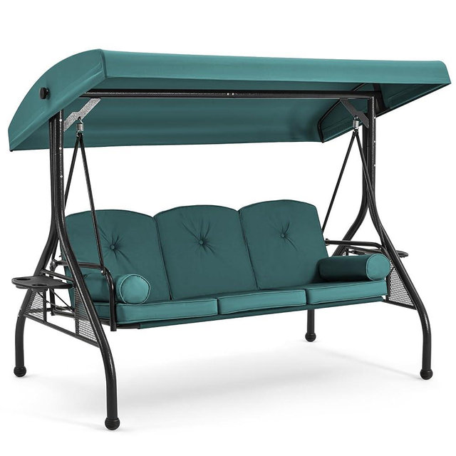 HOMREST 3 Seat Outdoor Porch Swing with Adjustable Canopy, Convertible Patio Swing Bed with Stand, Patio Glider Swing with Upgraded Cup Holder, Thicken Cushions ＆ Pillow for Backyard（Green）