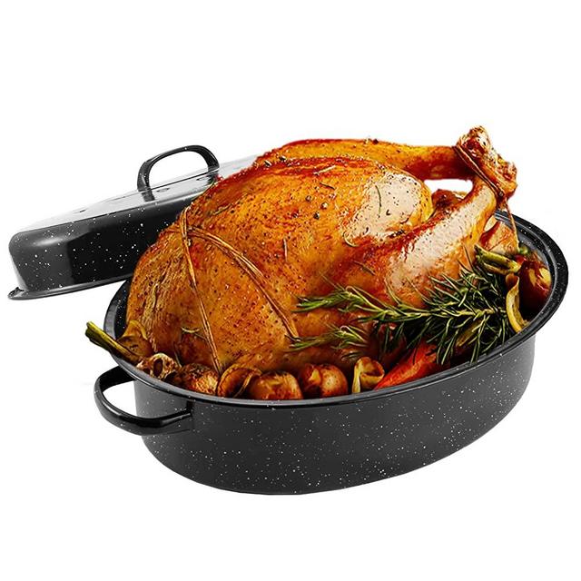 JY COOKMENT Granite Roaster Pan, 18” Enameled Roasting Pan with Domed Lid. Oval Turkey Roaster Pot, Broiler Pan Great for Turkey, Chicken, Lamb, Vegetable. Dishwasher Safe Cookware Fit for 18Lb Turkey