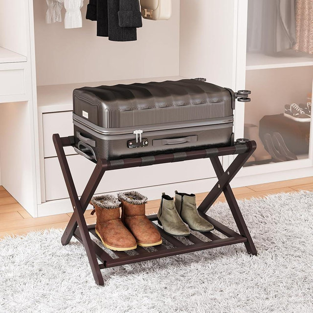 Smart FENDEE Fully Assembled Bamboo Luggage Rack, Folding Suitcase Stand with 5 Nylon Straps, Luggage Holders with Shelf, Ideal for Guest Room, Bedroom, Hotel, Espresso