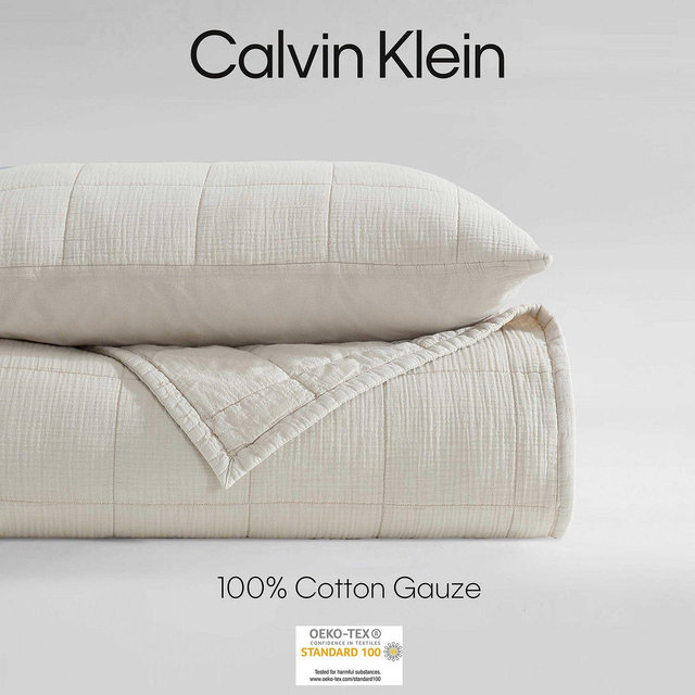 Calvin Klein Cotton Gauze Solid 3 Piece Quilt Set, Queen