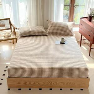 Tan Gingham Fitted Sheet Queen 100% Washed Cotton Taupe Plaid Queen Bed Sheet Grid Single Bottom Sheet with 15" Deep Pocket Gingham Bedding Grid Sheet 1 Piece Cotton Breathable Mattress Cover