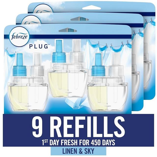 Febreze Plug In Air Freshener, Odor-Fighting Scented Oil Refill, For Home, Bathroom, & Kitchen, Long Lasting for Strong Odors, Linen & Sky Scent, 0.87oz Refills, 9 Count