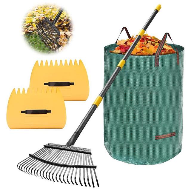 Rake,65 Inch Garden Leaf Rake Set, Wide Heavy Duty Leaves Raking Tools with 25 Metal Tines, 32 Gallon Leaf Bags and Scoops, Yard Garden Thatching Rakes for Lawn Flower Bed Grass Mulch Shrub