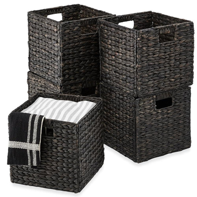 Best Choice Products 12x12in Hyacinth Baskets, Rustic Set Of 5 Multipurpose Collapsible Storage Organizer, Handwoven Laundry Totes for Bedroom, Living Room, Shelves w/Inserts - Black