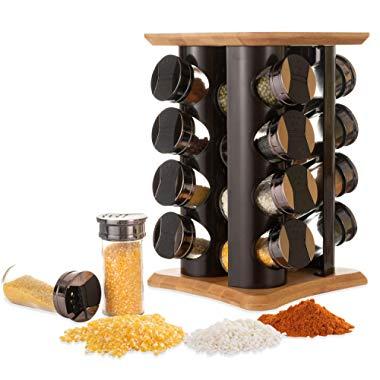 Herb and Spice Rack Stand Bamboo Spice Holder Spice Organizer Spice Jar Rack Set with 16Jars Wood Revolving Rotating Stainless Steel Spice Rack Organizer Shelf Lazy Susan for Countertop Cabinet Kitche