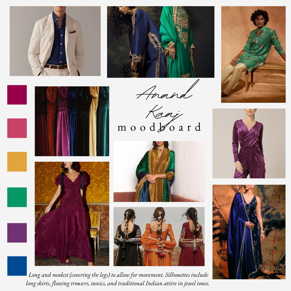 Formal clothing in jewel tones; silhouettes include long skirts, flowing trousers, tunics, or traditional Indian attire. It is customary to sit on the floor so attire should be long and modest.