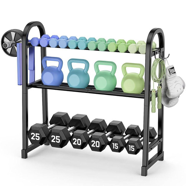 YaDonpe 3 Tier Dumbble Rack - 360LB Capacity Adjustable Dumbbell Storage Rack Space-Saving Home Gym Weight Rack For Dumbbells And Kettlebells With Hooks (Dumbbell Rack Stand Only)