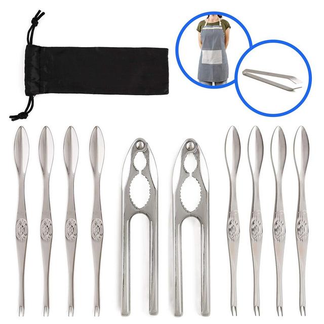 Premium Quality Seafood Set - Stainless Steel Tools - 2 Crab/Lobster/Nut Crackers-8 Seafood Picks/Forks-1 Fish Tweezers gift-1 Apron gift-Carry Bag, 12 Pieces/Box