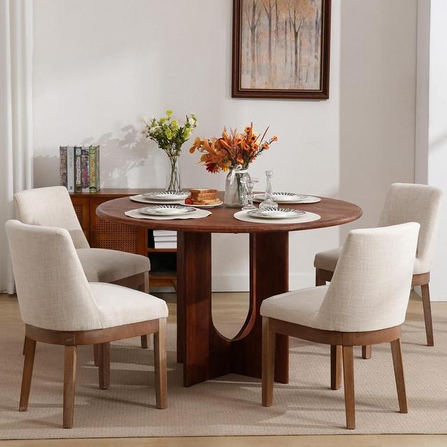 RIVOVA Modern Dining Chairs Set of 4 Comfortable Dining Room Chairs with Back, Linen Fabric Upholstered Kitchen Side Chairs with Natural Wood Legs for Living Room, Beige