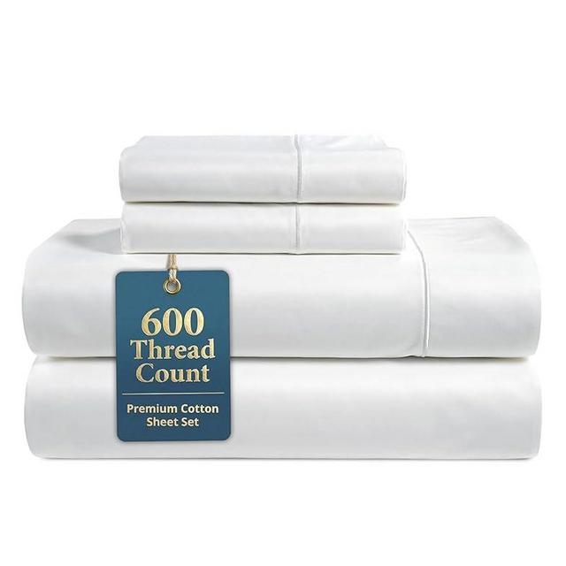 LANE LINEN Queen Sheet Set - 600 Thread Count Premium Soft Long Staple 100% Cotton Sheets, Hotel Luxury Sateen Silky Finish, Snug Fit 15" Deep Pocket, Low Pill, Machine Washable - White Sheets