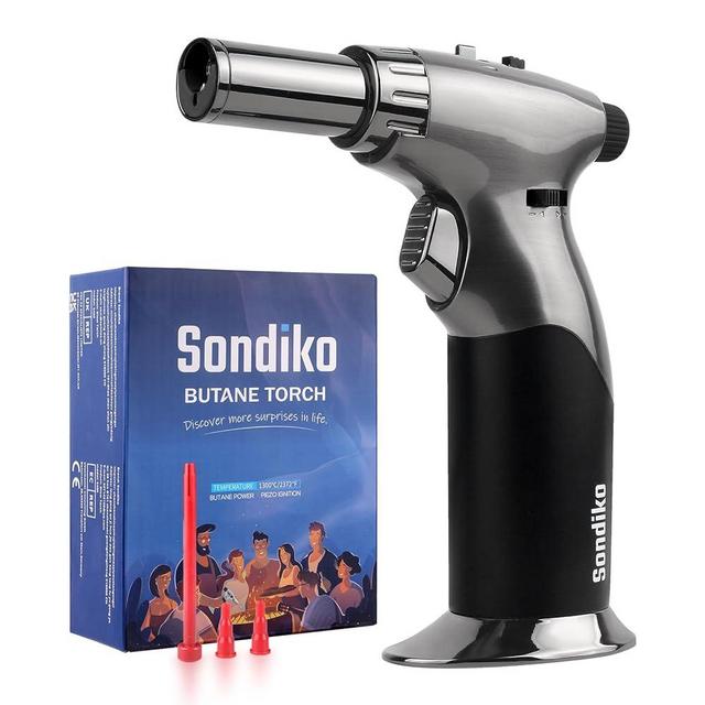 Sondiko Powerful DUAL Style Flame Butane Torch, Triple Adjustable Flame Size Butane Lighter, Refillable Blow Torch with Continuous Flame Lock for Creme Brulee, Cooking(Butane Gas Is Not Included)