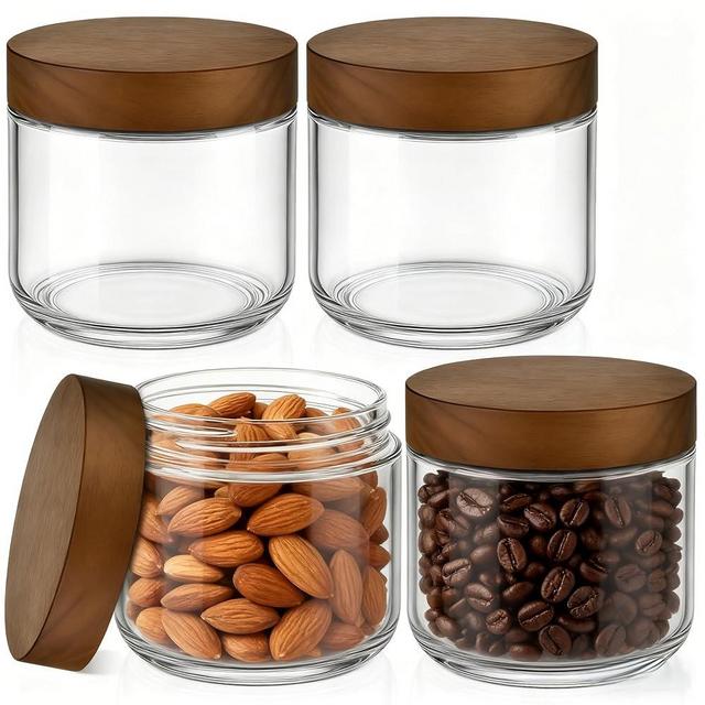 Bumobum 8 oz Glass Mason Jars with Lids, Small Glass Container with Acacia Wood Airtight Lid, Wide Mouth Canisters for Chia Pudding Meal Prep Parfait Salad Snacks Yogurt Spice, 4-Pack