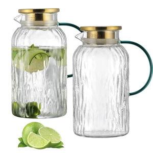 2 PACK Glass Pitcher with Lid and Spout, 68 oz/2 Liter Water Pitcher for Fridge, Clear Borosilicate Glass Water Carafe for Cold Brew, Coffee, Lemonade, Iced SunTea,Milk, Heat Resistant