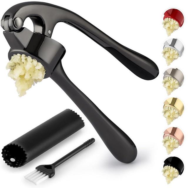 Zulay Kitchen Premium Garlic Press with Soft, Easy to Squeeze Handle - Includes Silicone Garlic Peeler & Cleaning Brush - 3 Piece Garlic Mincer Tool - Sturdy Easy to Clean Garlic Crusher (Dark Gray)
