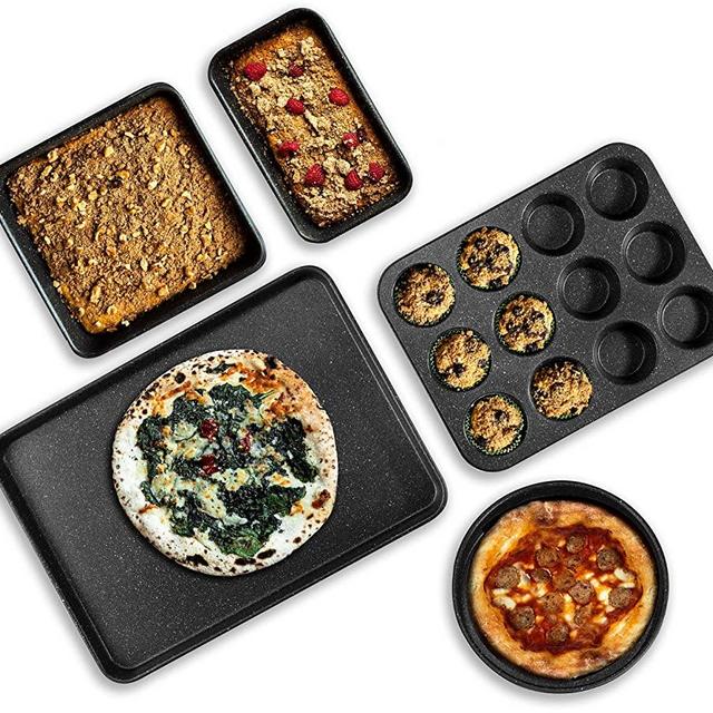 Granite Stone Pro 5 Piece Bakeware Set, 0.8MM Gauge, Durable Nonstick Surface, Oven Safe 550°F with No Warping, Dishwasher Safe, Cookie Sheet, Muffin Pan, Loaf Pan & Round Pan and XL Rectangular Tray
