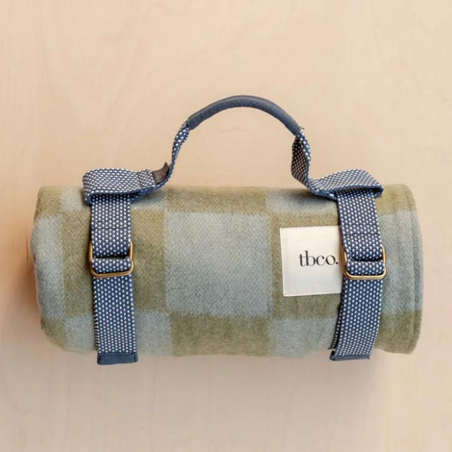Recycled Wool Picnic Blanket in Green & Blue Checkerboard