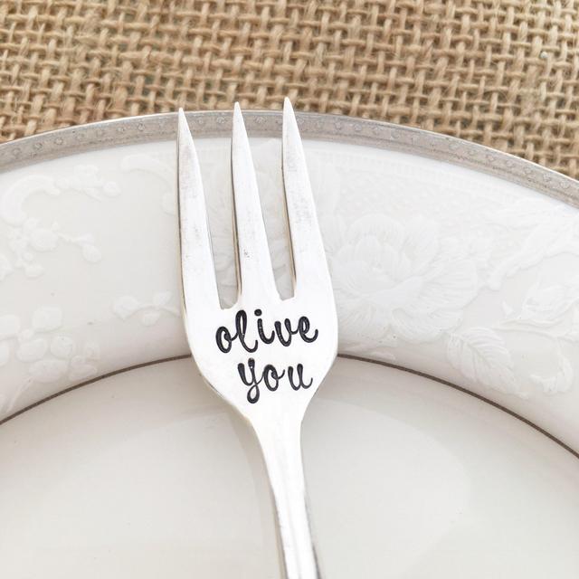 Olive you: hand stamped script vintage appetizer or olive fork, by Lorelei Vella- "old company"