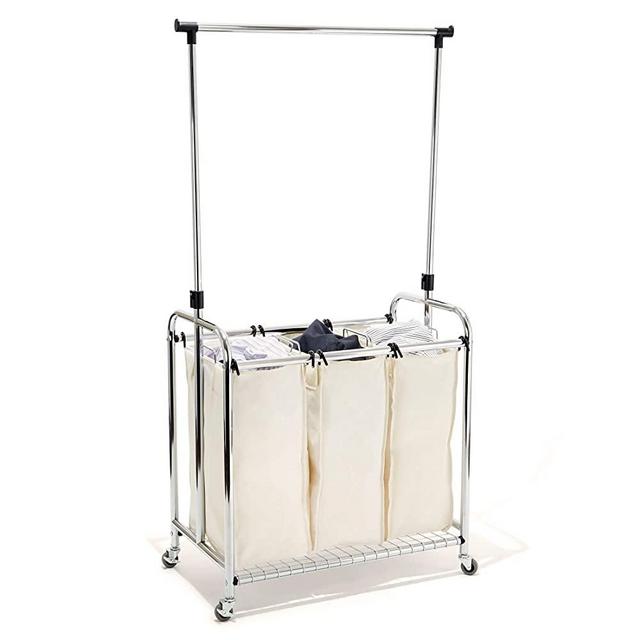 Seville Classics Mobile 3 Laundry Hamper Sorter with Clothes Rack Bag Cart, Plated Steel