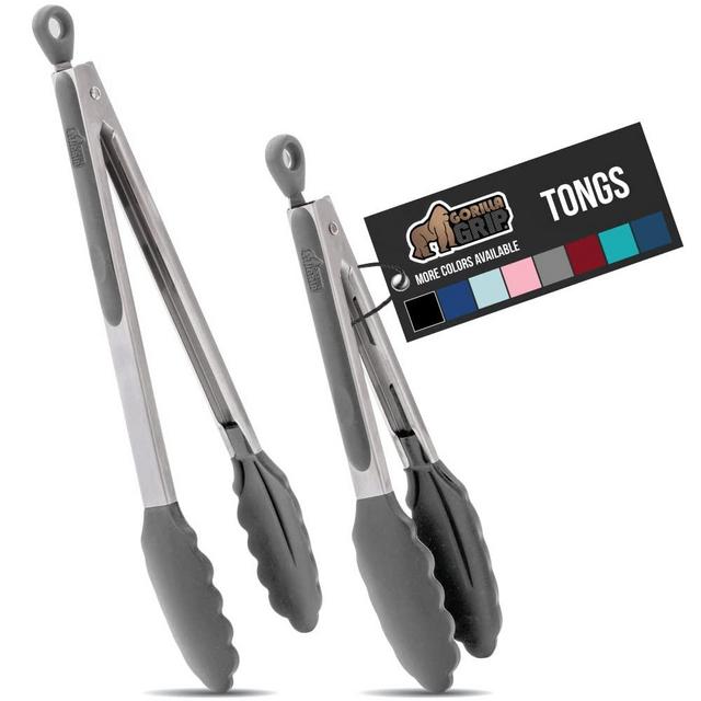 Gorilla Grip Stainless Steel Silicone Tongs for Cooking, Set of 2, Includes 7 and 9 Inch Locking Kitchen Tong, Heat Resistant Tip, Strong Grip for Meat, Perfect for Nonstick Pans and BBQ, Gray