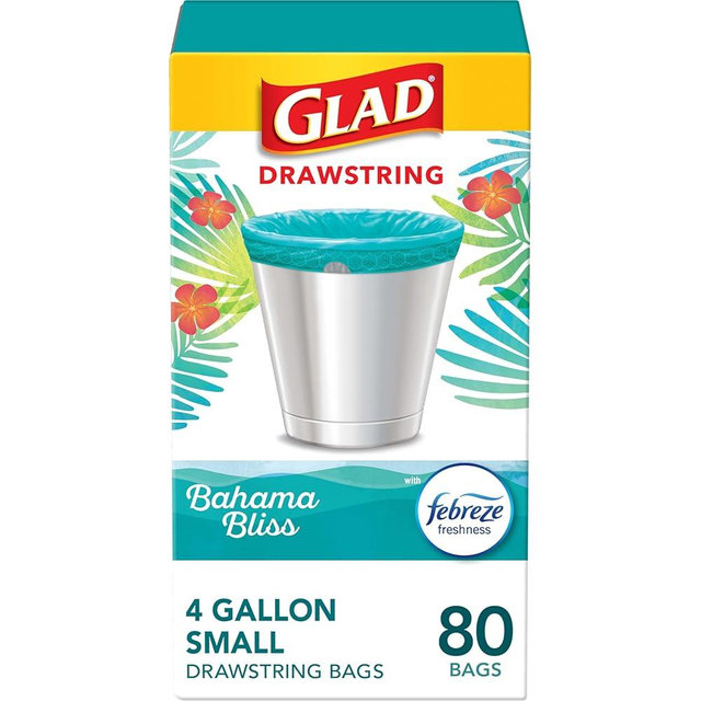 Glad Odorshield Small Drawstring Trash Bags, 4 Gal, Febreze Bahama Bliss, 80 Ct, Pack May Vary