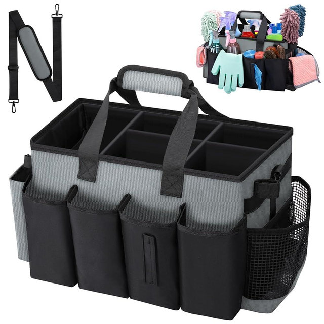 Wigojoy Wearable Large Cleaning Caddy Bag for Housekeeper, Clean Supply Organizer with Adjustable Shoulder, Waist & Handle Straps, Detailing Bag for Kitchen Supplies (Black&Gray)