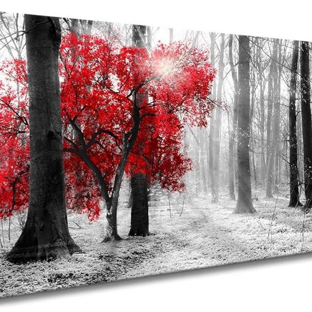 Wall Art Decor Black and White Red Forest Canvas Wall Art for Living Room Bedroom Office Kitchen Home Decorations Modern Landscape Trees Nature Art Framed Ready to Hang