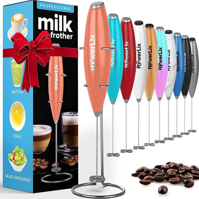 PowerLix Milk Frother Handheld Battery Operated Electric Whisk Foam Maker For Coffee, Latte, Cappuccino, Hot Chocolate, Durable Mini Drink Mixer With Stainless Steel Stand Included (Peach)