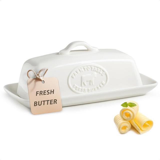 YHOJOY Cow Butter Dish, Ceramic Butter Dish with Lid for Countertop, Farmhouse Covered Butter Holder Container with Handle for East West Coast Butter Storage