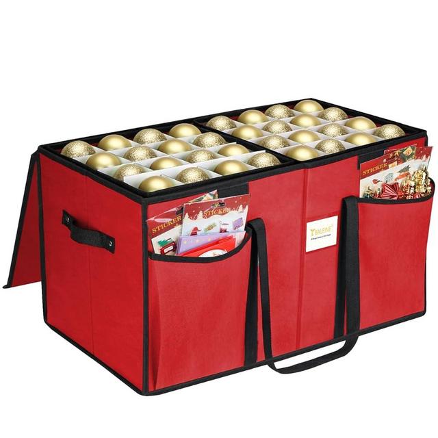 BALEINE Christmas Ornament Storage Box with Dividers, Premium Holiday Ornaments Storage Container Bin for Xmas Decorations (128 Ball, Red, Without Tray)