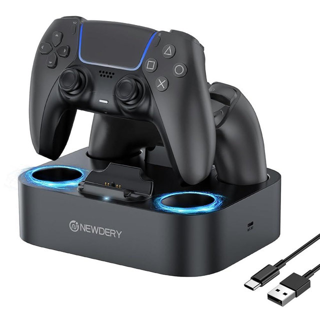 NEWDERY PS5 Controller Charger Station Compatible with Dualsense Edge Controller, Fast Charging Dock Stand with Cable, Dual Controller Charging Station for Playstation 5 &for DualSense Edge Controller