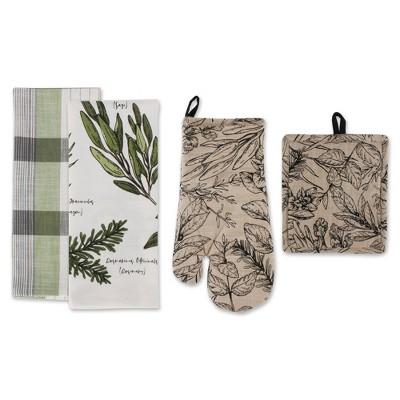 4pc Cotton Fresh Herbs Kitchen Towel and Oven Mitt Set Green - Design Imports