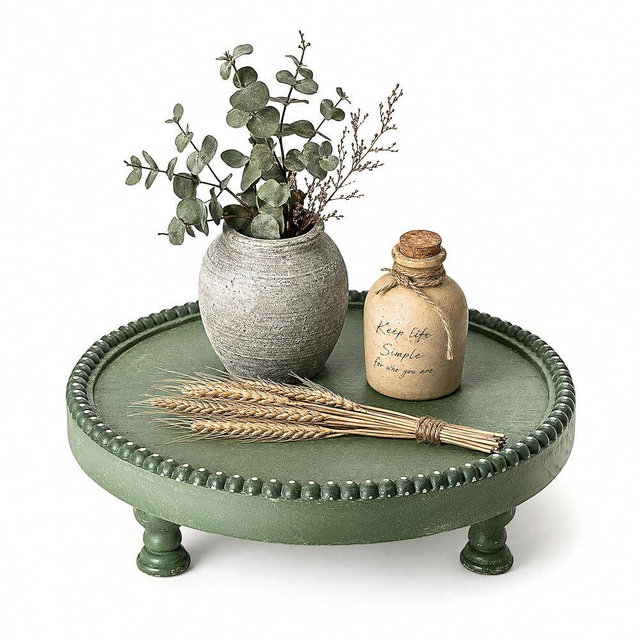 EOSAHR Pine Wood Round Display Riser for Home Decor – Beaded Pedestal Tray for Bathroom Decor, Coffee Table, Soap Dispenser, Plants – Farmhouse New Home Essential(Green)
