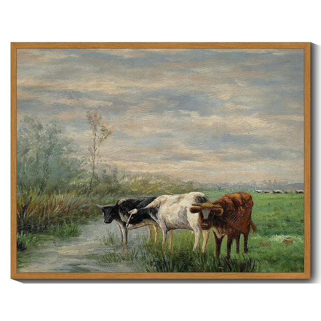 KUVIOKE Vintage Framed Landscape Canvas Wall Art Cow Farm Classic Wall Prints Modern Farmhouse Bathroom Office Decor - 11"x14" Natural Framed