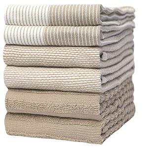 Premium Kitchen Towels (20”x 28”, 6 Pack) | Large Cotton Dish Towels | Flat & Terry Highly Absorbent Kitchen Linen Set with Hanging Loop | Tan