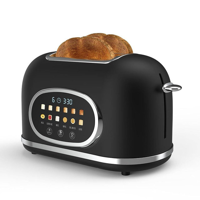 Rae Dunn Retro Digital Electric Toaster, 2 Slice Stainless Steel Toaster With Touchscreen, Countdown Timer, 6 Shade Settings, Wide Slots, High Lift Lever, Bagel, Defrost & Reheat, Digital Black
